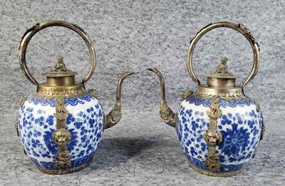 Antique tibetan brass porcelain blue white teapots