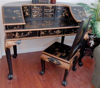 Asian black lacquer landscape design desk and chair