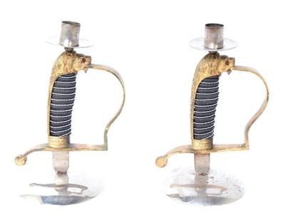 Lot 7 pair of german trench art lion head sword candlesticks
