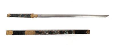 Lot 35 chinese straight sword w mop lacquer
