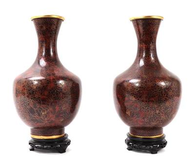 Sale Photo Thumbnail #265: Lot 271 gorgeous pair of red chinese cloisonne vases