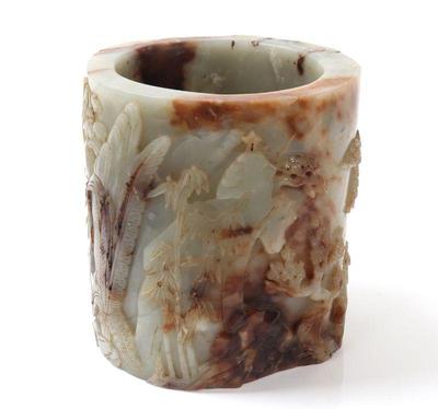 Lot 4 chinese green brown jade brush pot, ex bonham's