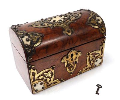 Lot 229 english burr walnut brass, & bone tea caddy, circa 1860s