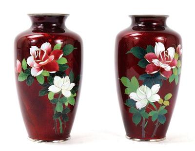 Lot 242 beautiful pair of japanese red ginbari cloisonne vases