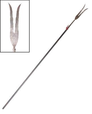 Lot 52 engraved indo persian bi spike polearm 19th 20th c.