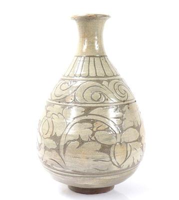 Sale Photo Thumbnail #238: Lot 244 wonderful korean sgraffito vase hibiscus flowers