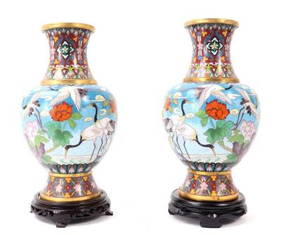 Lot 270 gorgeous pair of chinese crane cloisonne vases