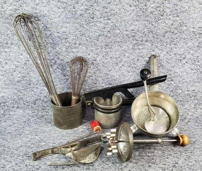 Vintage and antique food prep mash mill, sift, whisks