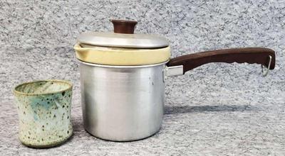 Double boiler pot with ceramic liner speckled pottery cup