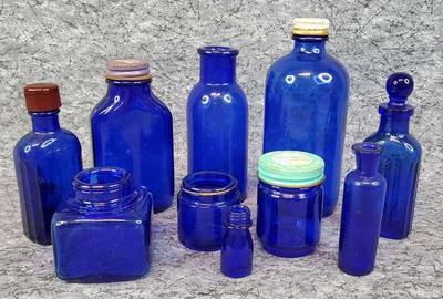 Cobalt blue glass apothecary bottles