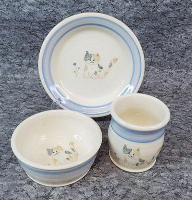 Children s cat themed signed pottery dish set