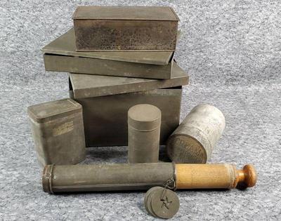 Vintage biscuit and other tins shaped cookie tube press