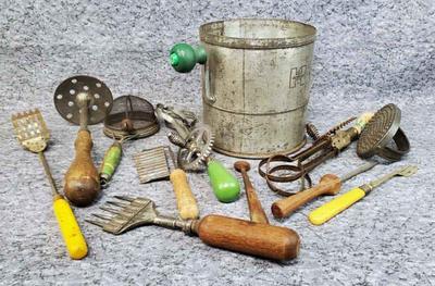 Vintage and antique kitchen food prep gadgets, utensils