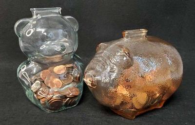Piggy and bear vintage glass banks with coins