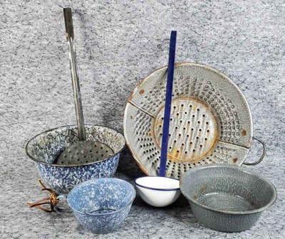 Vintage enamelware bowls ladles, colander