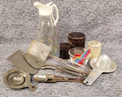 Vintage and antique food prep utensils, syrup pitcher