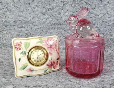 Pink glass rabbit lidded jar lovely lenox table clock