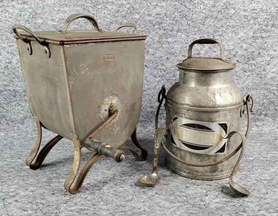 Vintage butter churn milk can, creamery spoons