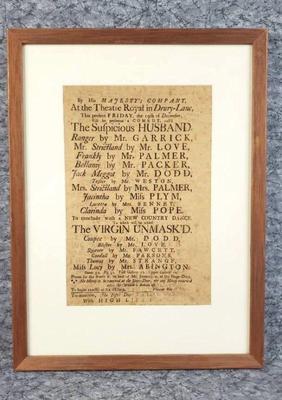 Antique theatrical playbill suspicious husband and virgin unmasked