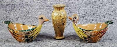Artisan bird bowls wooden marquetry inlay bud vase