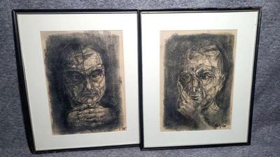 2 haunting portraits signed charcoal drawings