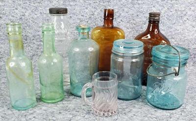 Vintage beverage and apothecary bottles canning jars