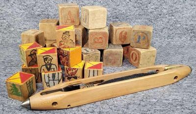 Antique children s blocks, english weaving loom shuttle
