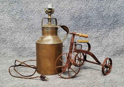 Copper milk can lamp doll sized wrought iron tricycle