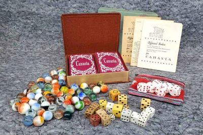 Vintage canasta cards dice, marbles