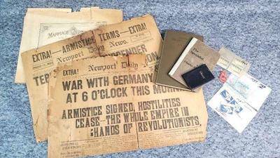 Antique newspaper pages ephemera, books, stamps