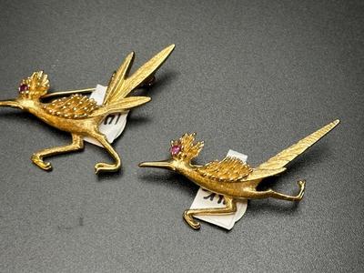 14k gold road runner brooches with ruby eyes