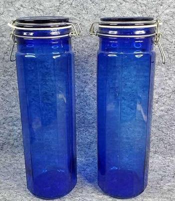 2 cobalt blue 13 inch glass dry goods canisters