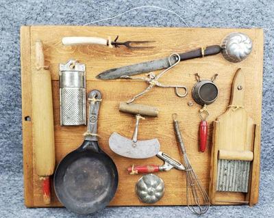 Antique home goods food prep display board