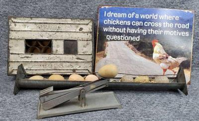 Antique egg crate coup tray, funny sign, egg grader