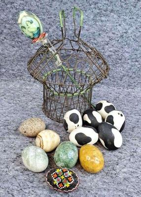 Antique egg basket decorative stone & wooden eggs