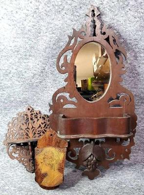 Vintage wooden hall mirror sconce shelf, hairbrush wall pocket