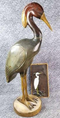 Wooden crane sculpture egret painting on wood