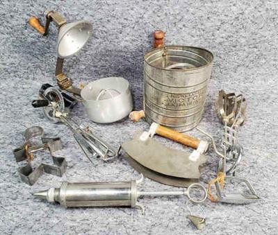 Vintage kitchenware food prep frosting piper, juicer, sifter