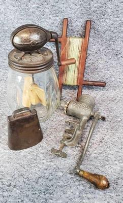 Vintage and antique churner grinder, cow bell, reel