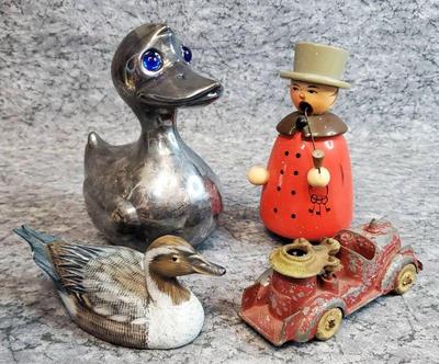 Denmark silverplated duck bank antique die cast vehicle, smoking man