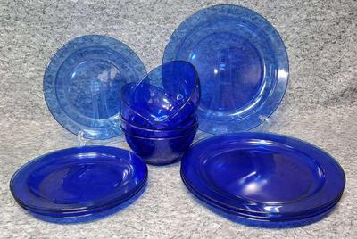 Arcoroc blue glass plates and bowls for 4
