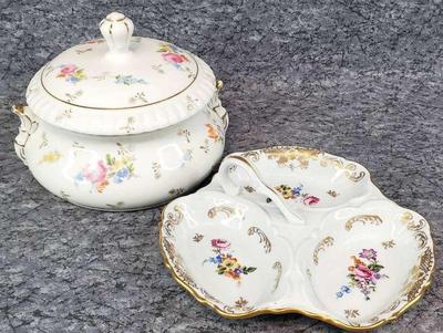 Antique chelsea covered bowl floral divided dish