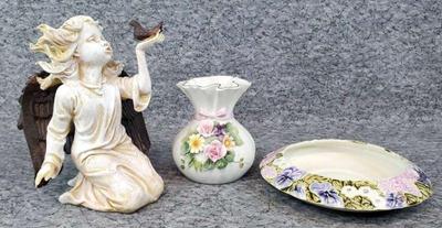 Lefton bisque vase angel & birs figurine, flower bowl