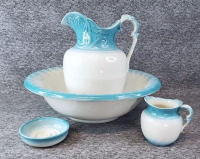 Vintage cream turquoise ceramic washstand set