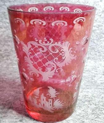 Czech cranberry cut crystal leaping stag ice bucket or vase