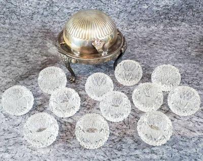 Silverplated roll dome butter caviar dish crystal salt cellars