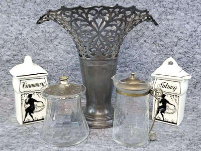 Filigree vase spice jars, art glass cream & sugar