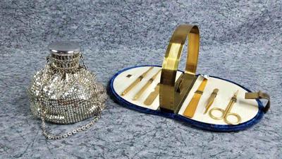 Vintage whiting davis evening bag, barbara bates personal grooming set