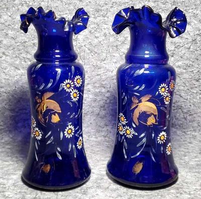 Hand painted cobalt art glass ruffle vases