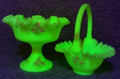 Signed hand painted fenton uranium custard glass compote and basket